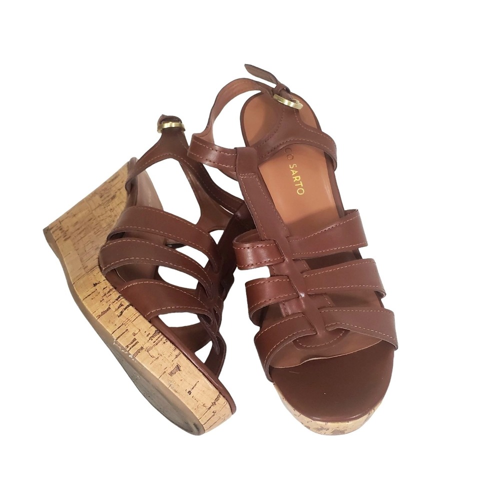 Franco Sarto Womens Retro Coastal Wedge Sandals 10M Brown Marybeth Cork Strappy